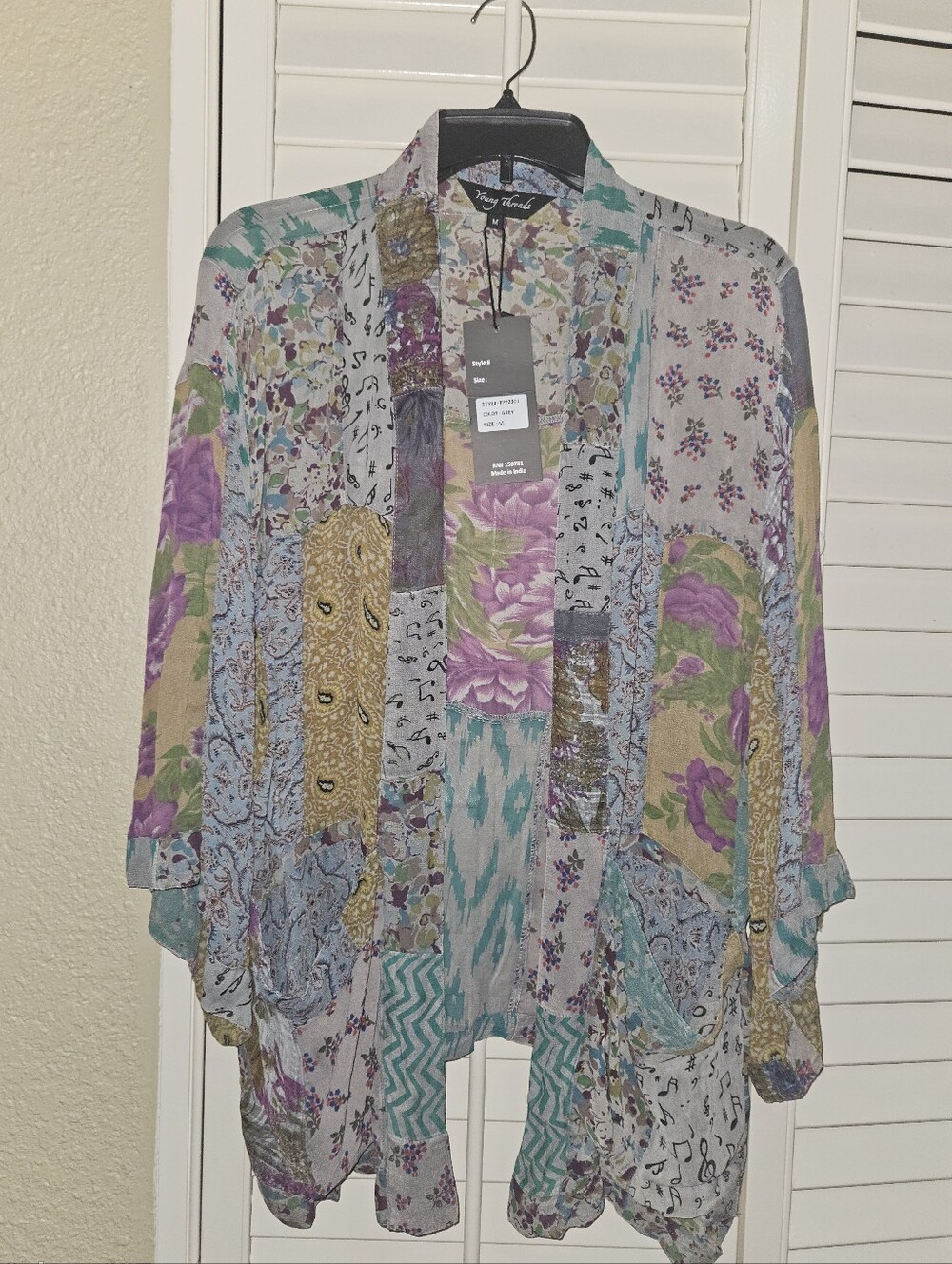 Young Threads  Patchwork Floral Kimono Jacket - Purple, Teal, Gray, Tan, Cream
